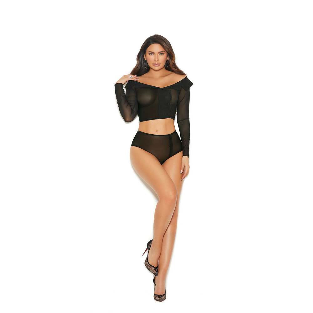 Off the shoulder long sleeve mesh top with collar, buttons and panty